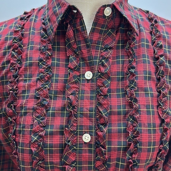 Lauren Ralph Lauren Red Black Plaid Button Front Ruffle Shirt Sz PS 90’s Vtg - Picture 2 of 12